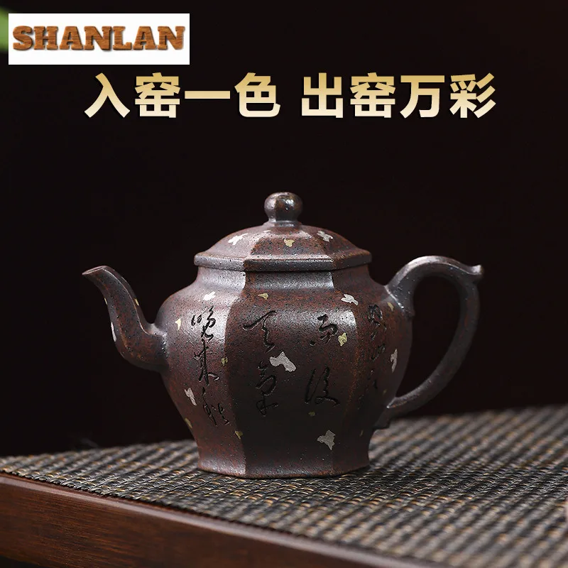 150ml Yixing Purple Clay Teapot Handmade Hexagonal Palace Lantern Pot Raw Ore Firewood Section Mud Tea Maker Kettle Zisha Teaset