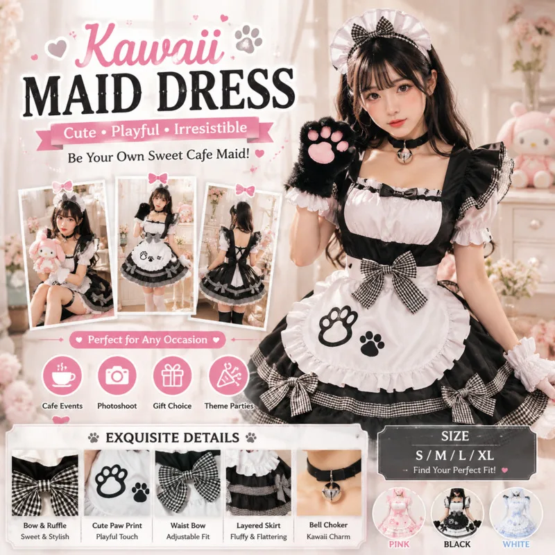 

Maid Cat Cosplay Dresses Lolita Y2K Party Halloween Dresses Girl Cute Maid Costume Pink Black White Anime Outfit For Women New