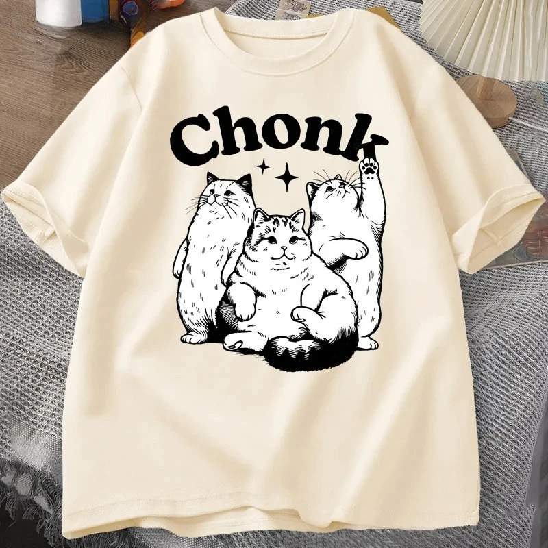 Funny Chonk Cat T-Shirt for Women Cute Fat Cat Tee Shirt Minimalist Meme Graphic Tee Pet Owners Cat Lovers Tshirt Clothing Y2K
