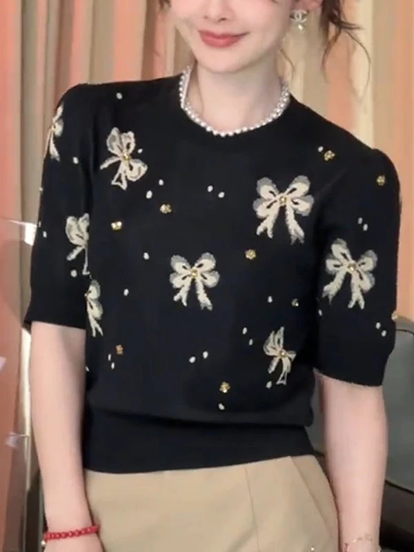 

Ele Gtuq2025 Summer New Korean Sle Design Bla ort Sve Knitwear Soft Gentle Top for Women Casual Commute Faion