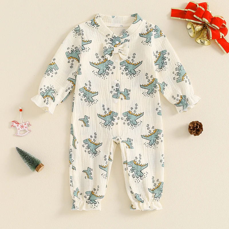 Baby Boy Long Sleeve Romper Ruffle Trim Dinosaur Print Full Length Jumpsuit with Bowtie for Fall Clothing