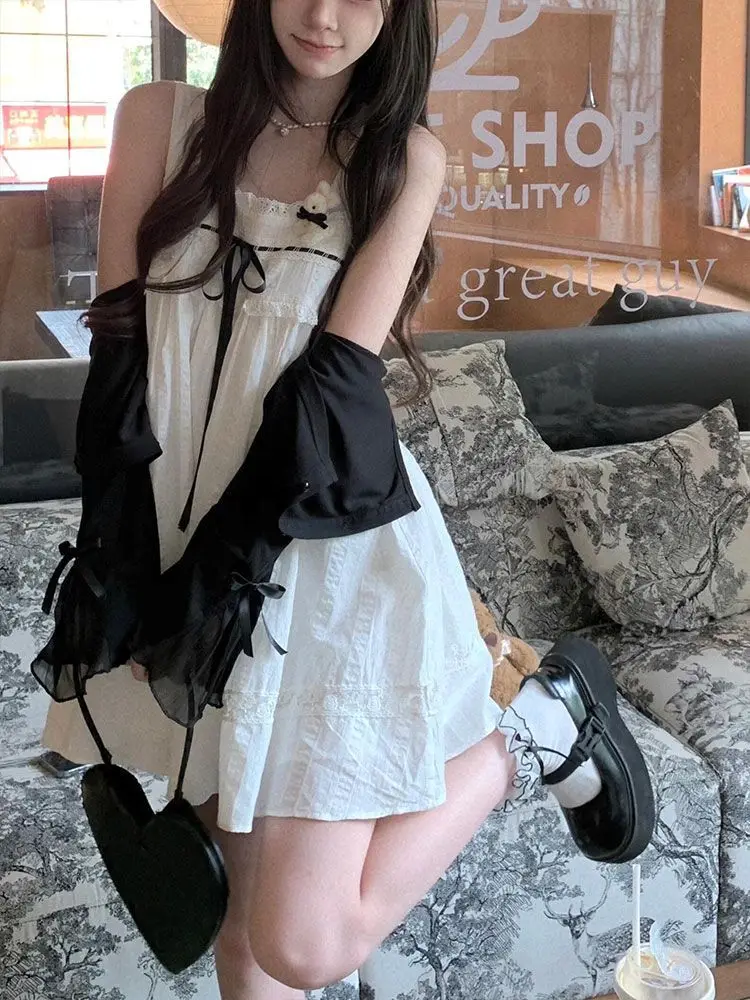 

Японский сладкий комплект из двух предметов Cottagecore, женское белое платье на подтяжках + шикарный кардиган, новый милый модный тонкий наряд 2025