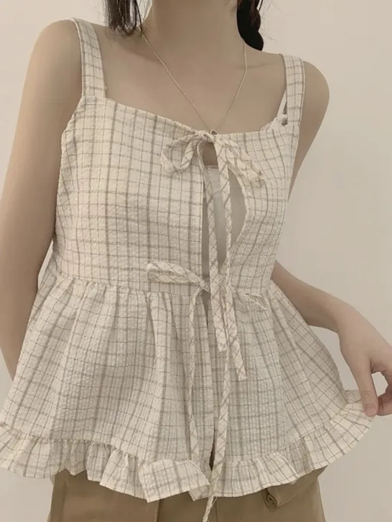 Elegant Summer Vintage Loose Plaid Two-Way Wear Halter Neck Lace Trim Vest Women's Fashionable Bow Tie Gingham Patterned Top