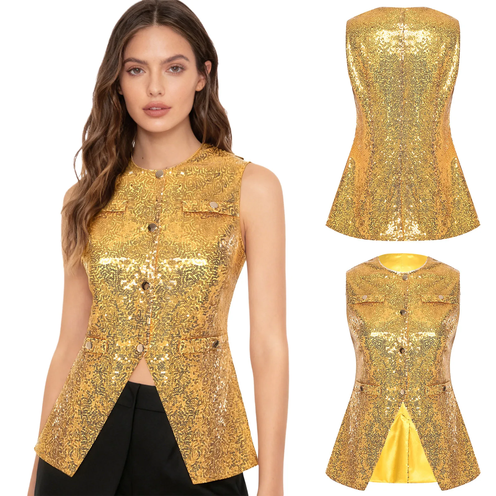 Chaleco brillante de discoteca para mujer, chalecos de lentejuelas sin mangas a la moda para Festival de Música, Ropa de baile puesta en escena para fiesta, traje de baile de Jazz
