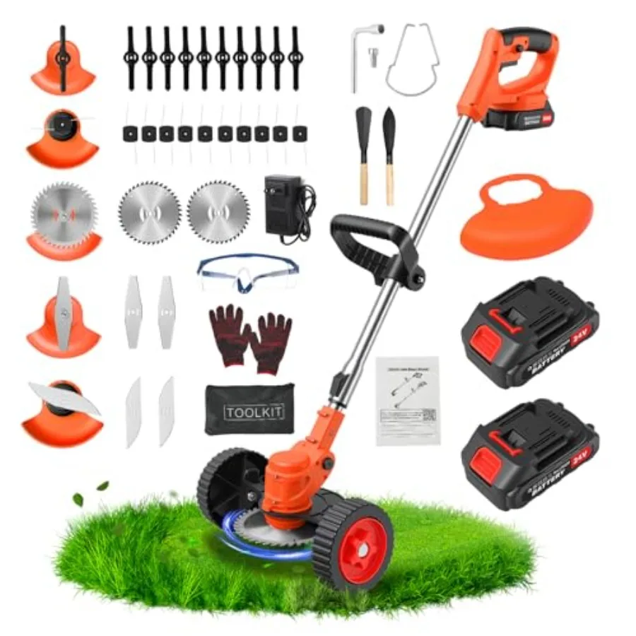 24V 3-in-1 Cordless Weed Wacker, Electric Grass Trimmer Edger Brush Cutter with Wheels, Lightweight Adjustable String Trimmer,