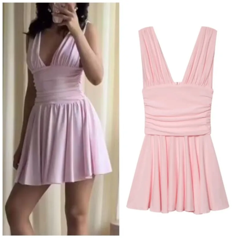Women's Mini wrinkles Dress 2026 Summer New V-Neck Sleeveless Draped Fashion Dress Sexy Female Party Slim Chic Dresse