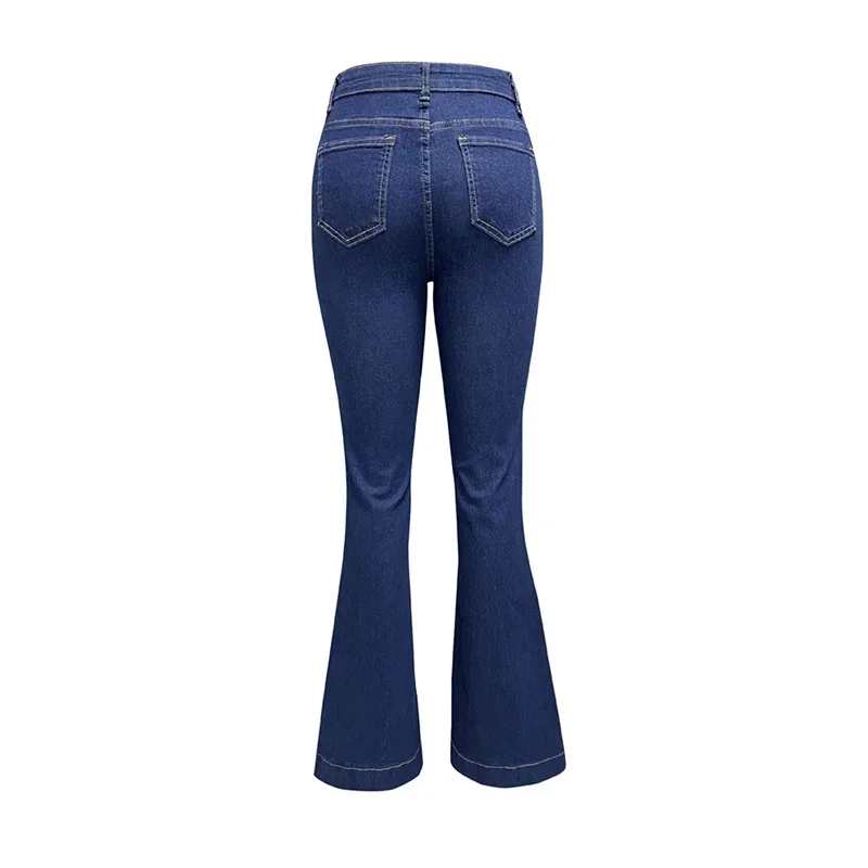 Women High Waist Single-breasted Splice Jeans Fashion High-Street Style Denim Pants Female Commuter Casual Micro Flared Trousers