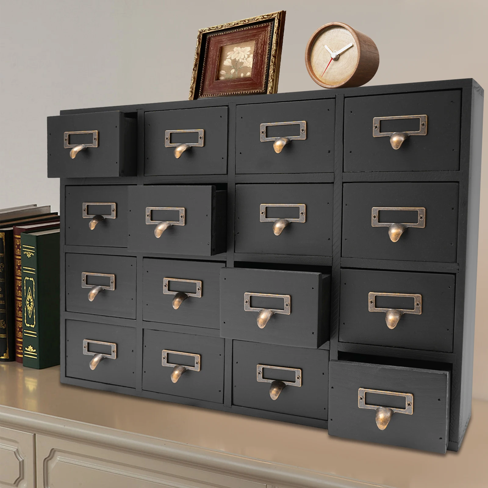 

Vintage Drawer Wooden Drawers Organizer,16-Drawer Desktop Organizer,Iron Label Holders,For Store Cosmetics,Files, Books, Letters