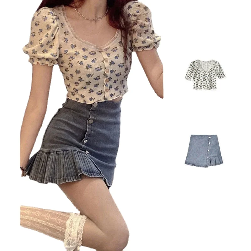 

Denim Skirt Two Piece Suit Women's Summer New Short Skirt + Waist Lace Floral Short Sleeved Top Women's Suit