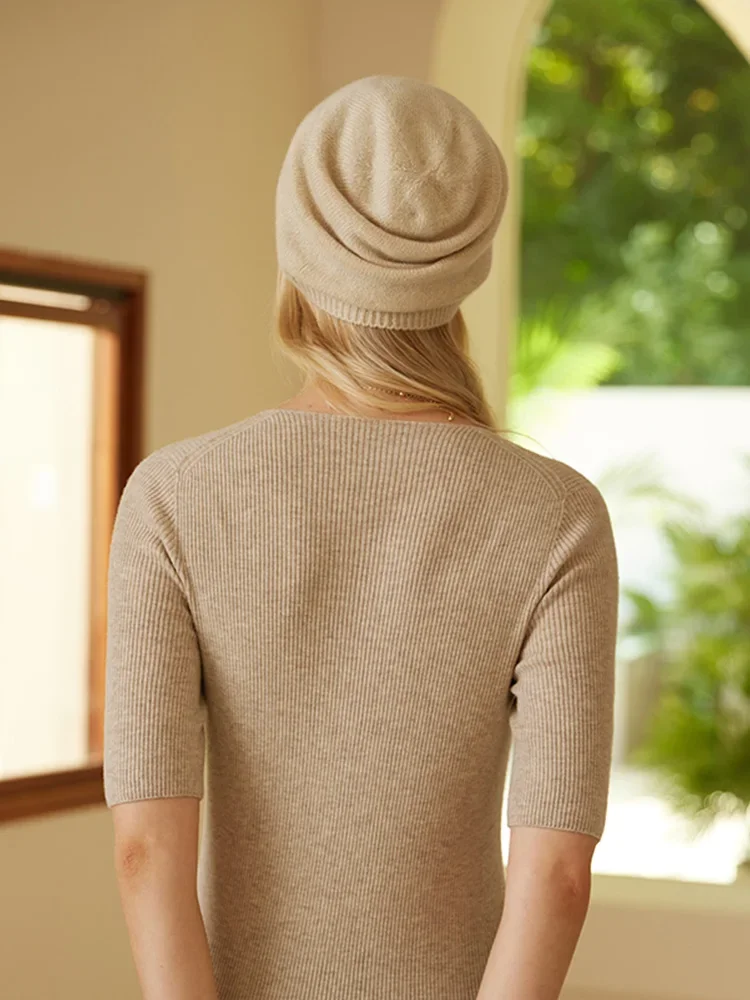 100% Cashmere Beanies Ribbed Hem Women Unibody Caps Knit to Shape Hat Autumn Winter Basic Real Cashmere Warm Hair Bonnet 2023