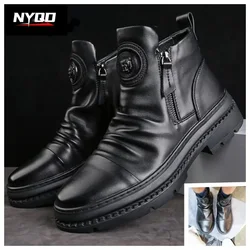 Men's Motorcycle Leather Boots British Style Round Head High Top Shoes Side Zip Walking Casual Platform Boots Moto Street Gear