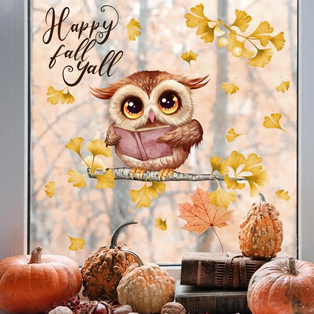 Festive Fall Window Stickers Autumn-inspired Happy Fall Owl Window Sticker Cartoon Nightowl Golden Gingko Leaves for Removable