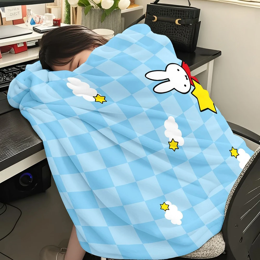 Kawaii Miffy Flannel Blanket Cute Rabbit Throw Air Conditioning Quilt Soft Warm Anti-static Dorm Office Nap Student Girl Gift