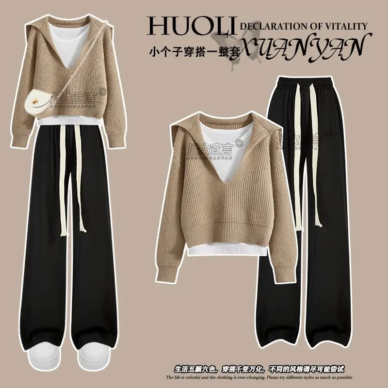 2024 Autumn/Winter Korean Edition New Women\'s Set Lazy Style Knitted Sweater+Casual Wide Leg Pants 3-Piece Set Trendy