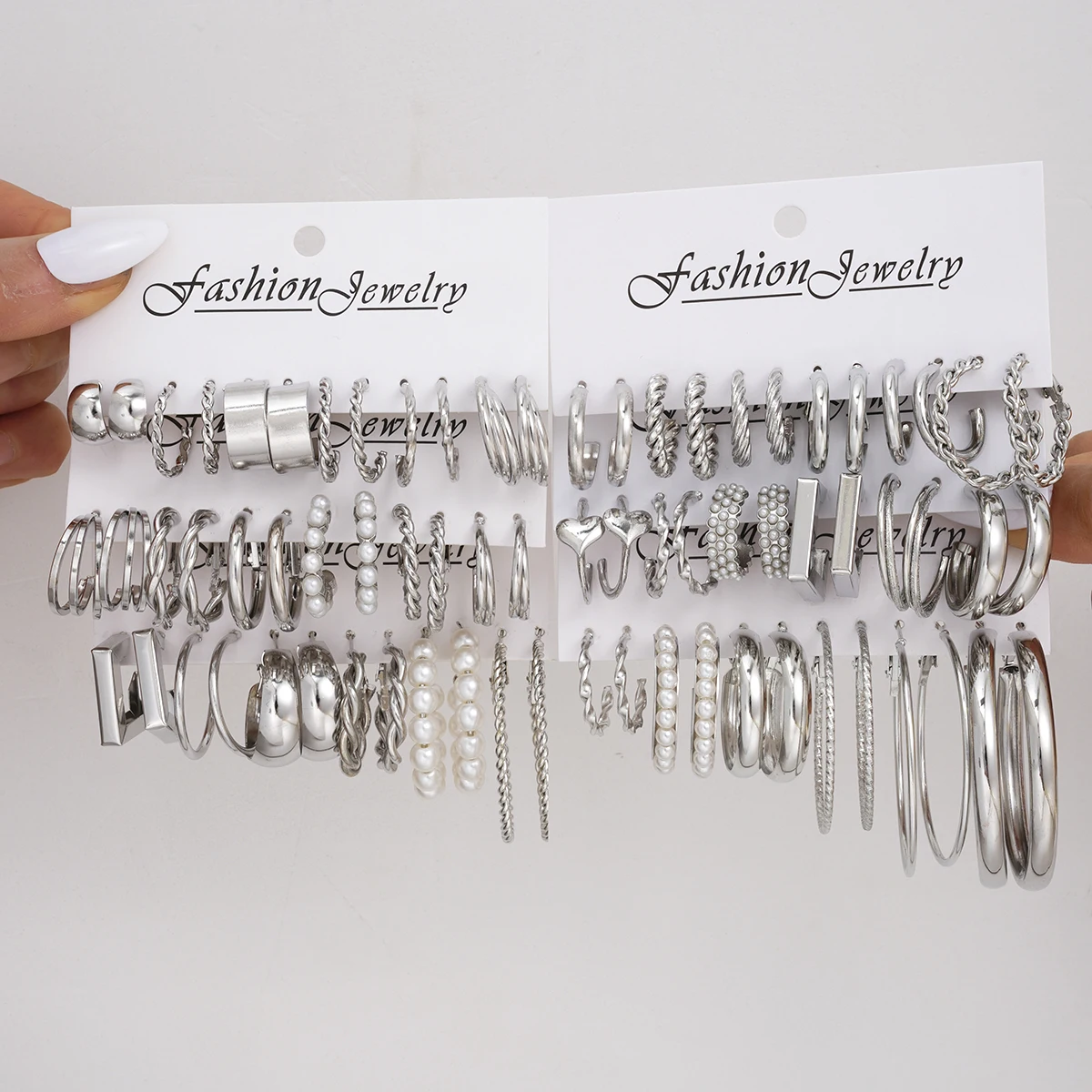 36 Pairs Silver Color Earrings Set for Women C-Shaped Geometric Pearl Cartilage Huggie Stud Earrings Fashion Statement Jewelry