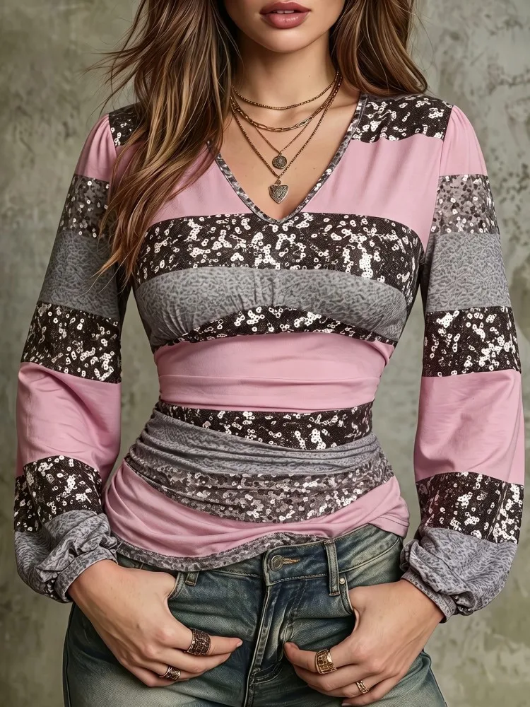 XL-4XL Plus Size Women's Clothing Spring Autumn Fashion Elegant Sequin Tops V-Neck 3XL 4XL Plus Big Size Long Sleeve T-shirt