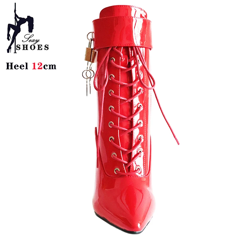 High Heel 12cm Stiletto Sexy Zip Lace-Up Women Ankle Boots Patent Leather Pointed Toe Lockable Padlocks Cosplay Boots Size 46