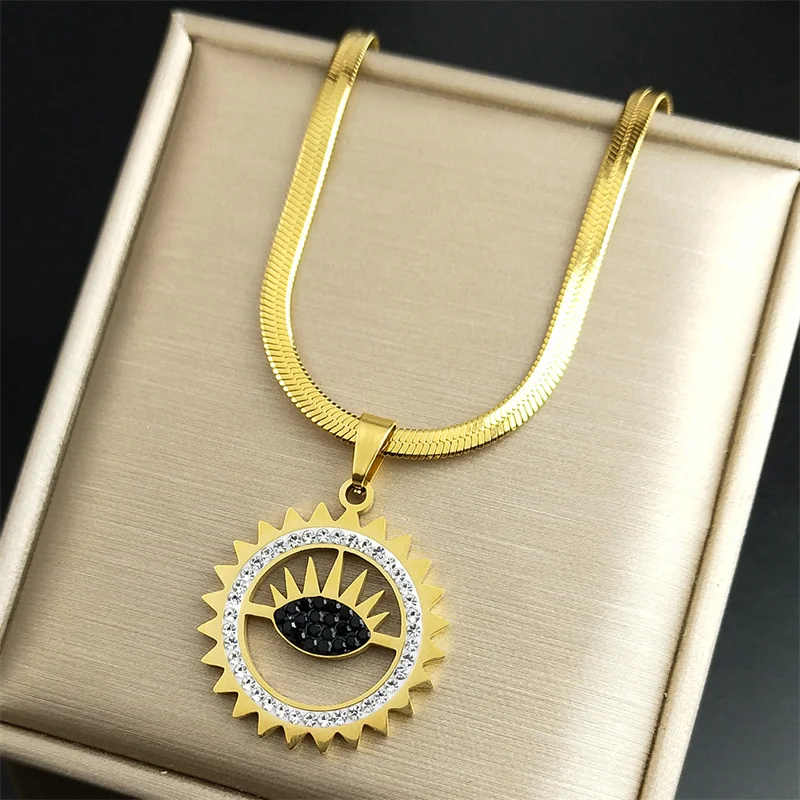 

Coquette Turkish Eye Sun Choker Necklace for Women Men Stainless Steel Rhinestone Vintage Lucky Chain Jewelry collar NZZZ470S01