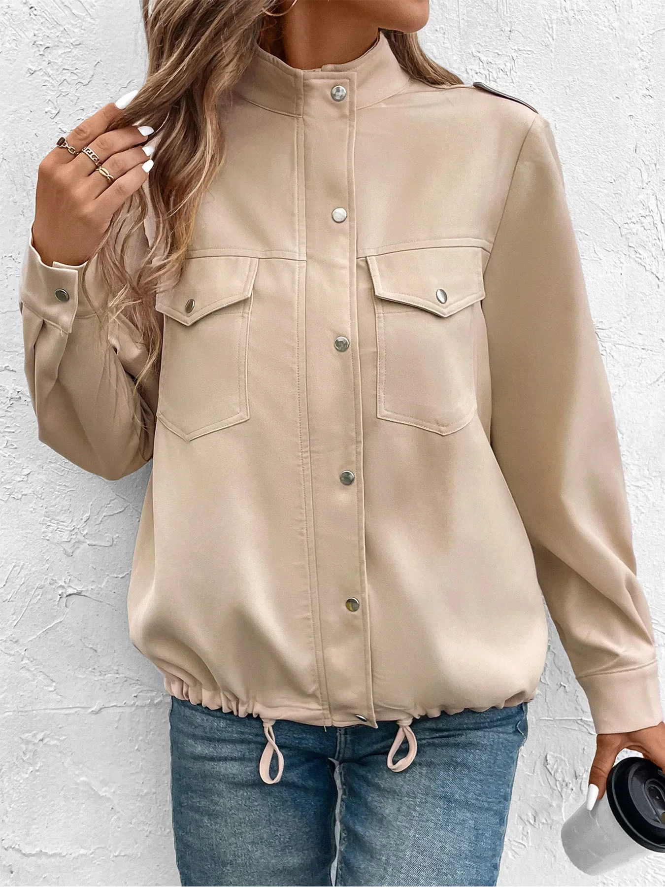 

Solid Color Casual Stand Collar Zipper Jacket with Pockets, Women's Spring and Autumn New Fashion Long-sleeved Patchwork Coat