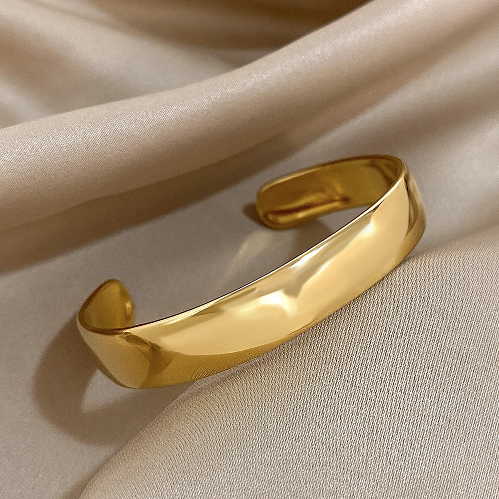 Minimalist Glossy Curved Open Bangle Stainless Steel Bracelets for Women Men Gold Color Cuff Waterproof Stackable Simple Jewelry