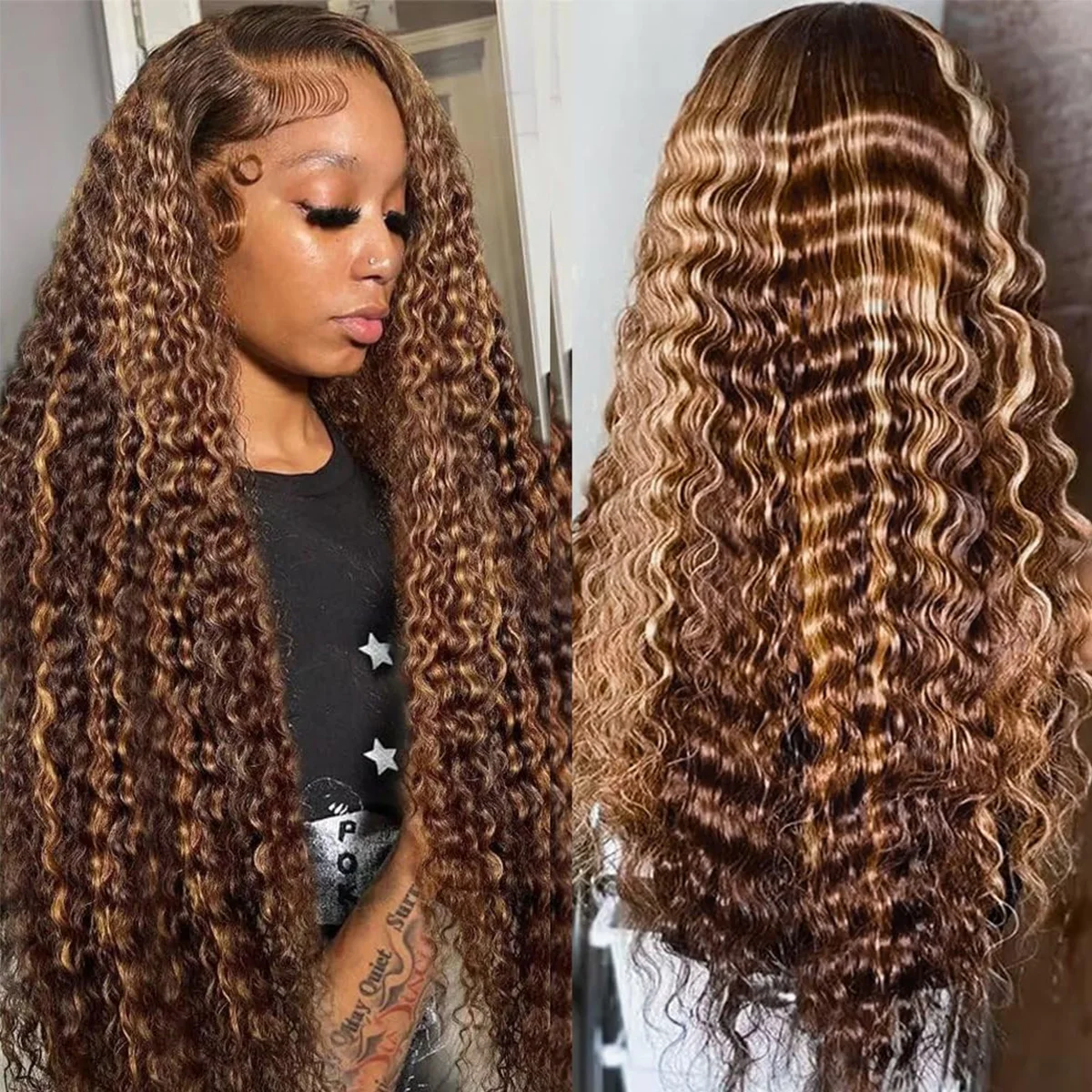 Human Hair P4/27 Lace Frontal Wigs 13x4 Deep Wave Wigs Honey Blonde180% Density Human Hair Wigs Remy Hair Wigs Virgin Hair