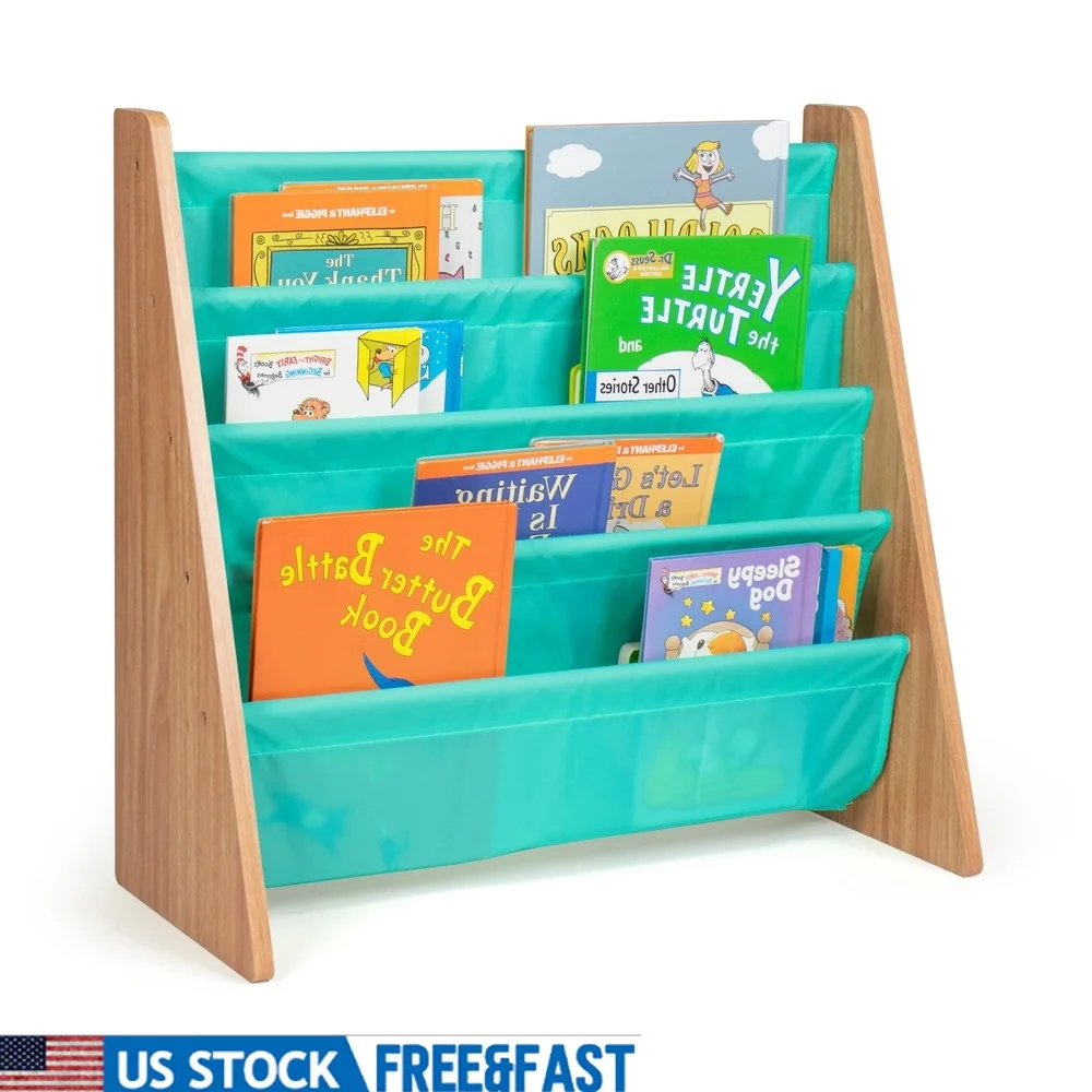 

Kids 4 Tier Book Storage Shelf Sturdy Engineered Wood Easy Assembly Fabric Pockets Books Magazines Toddler Furniture