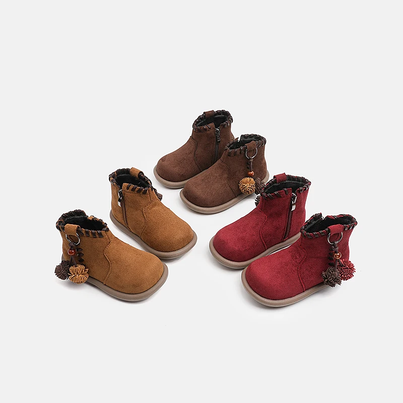 Kids Vintage Woven Tassel Ankle Boots, Suede-like Plush Fleece Lined Inner Zipper Non-Slip Thick Sole Warm Short Boots