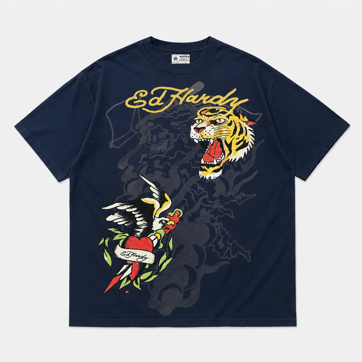 Ed Hardy Unisex Oversized T-Shirt mit Tigerkopf-Schwalbenherz-Tattoo-Print aus Baumwolle, Harajuku Streetwear, Sommer-Grafik-T-Shirt – Detail 5