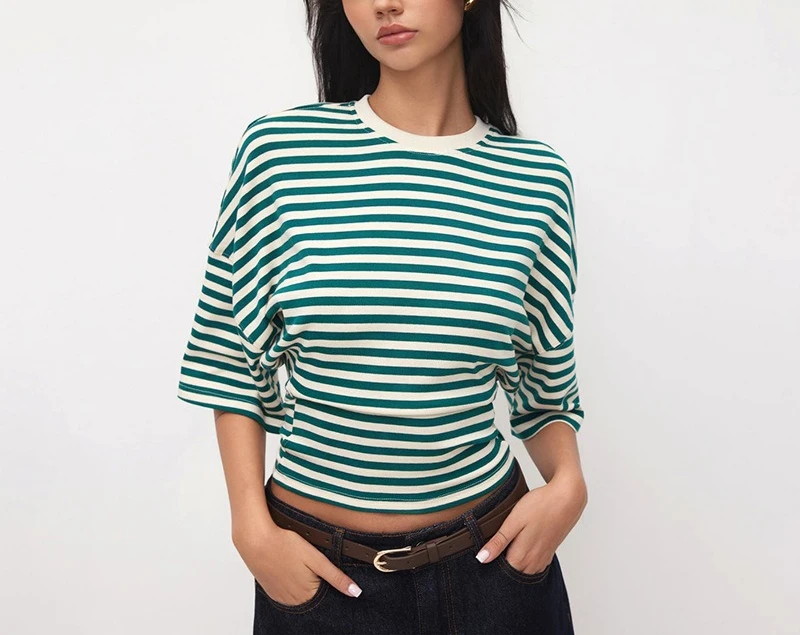 

Women's Autumn New Crew Neck Pullover Irregular Striped Medium Sleeve Top T-Shirt