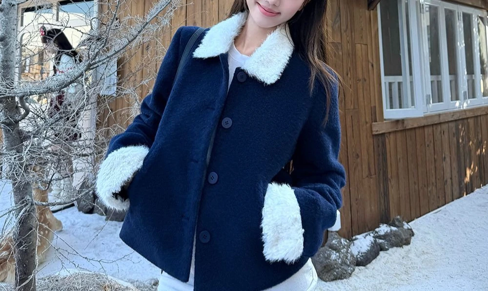 Gentle Wind Splicing Lamb Wool Collar with Cotton Thickened Coat for Women's Autumn and Winter Style Versatile Top