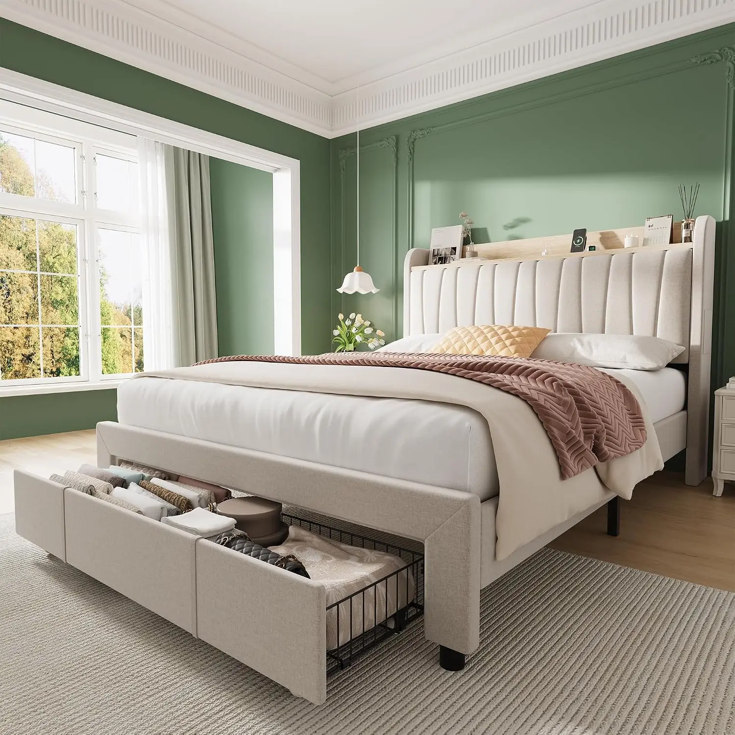 Queen Platform Bed Frame Storage Headboard Charging Station Beige, Customized