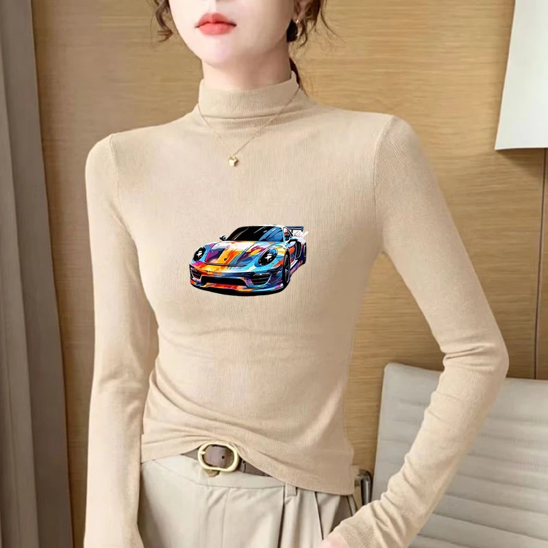 Winter Women's Thermal Brushed Fleece Half Mock Neck Long Sleeve T Shirt Race Car Wing Color Splash Graphic Warm Tee