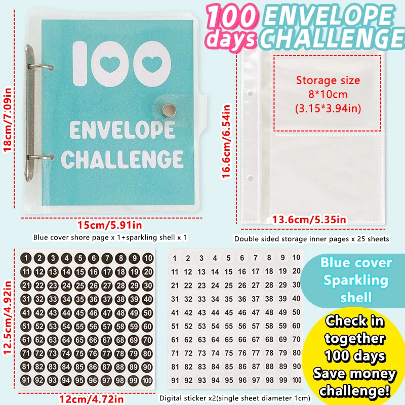 1Set 100 giorni 100 busta Challenge Fine Sparkle Saving Money Binder quaderno di risparmio a fogli mobili Cash Budget Storage Book Gifts