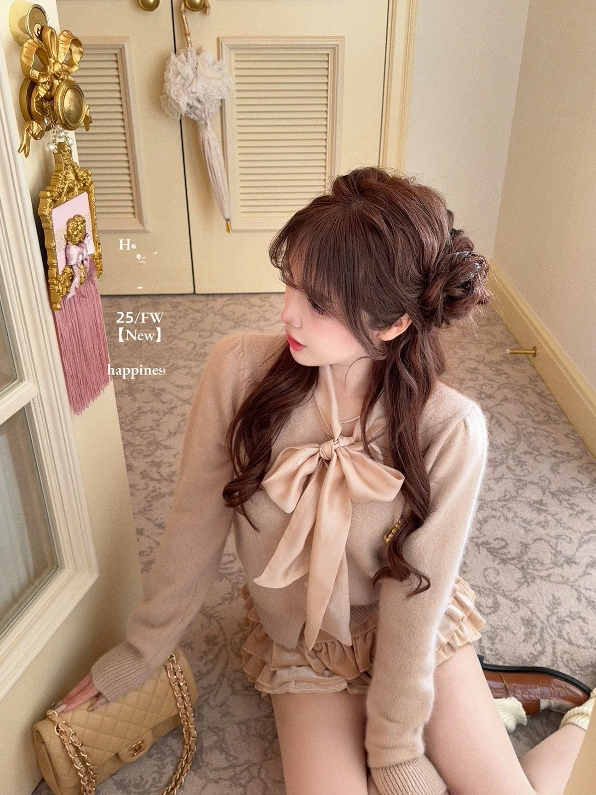 Kimicoy Bear Velvet Knitted Sweater Women's Long Sve V-Ne Cardigan with Bow-Tie Fce Pull-Pile Faion for Girls