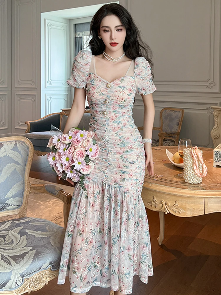 Sweet Gentle Elegant Dress for Women Mesh Flower Pleate Bubble Sleeve Bodycon Fishitail Robe Party Holiday Vestido Maxi Clothes