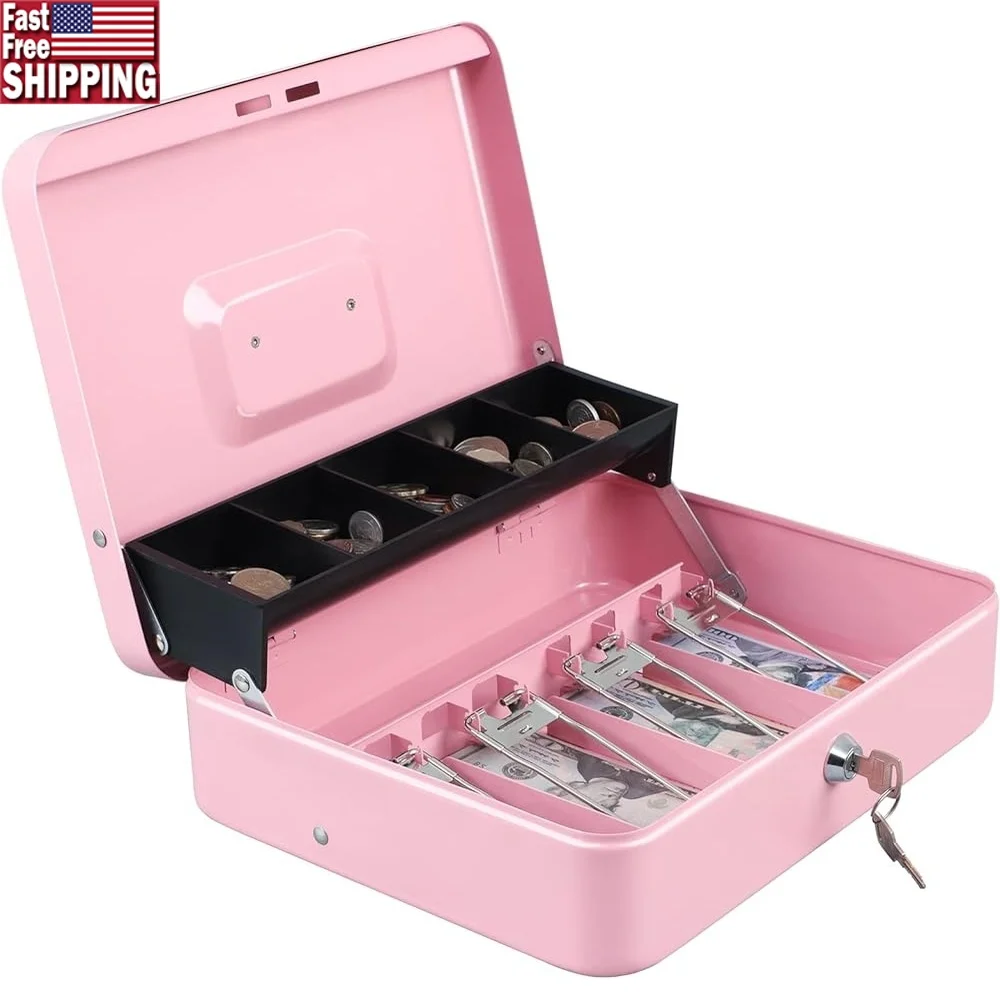 

Steel Cash Box with Key Lock Tiered Coin Tray Money Organizer Secure Storage Heavy Duty Design Home Office