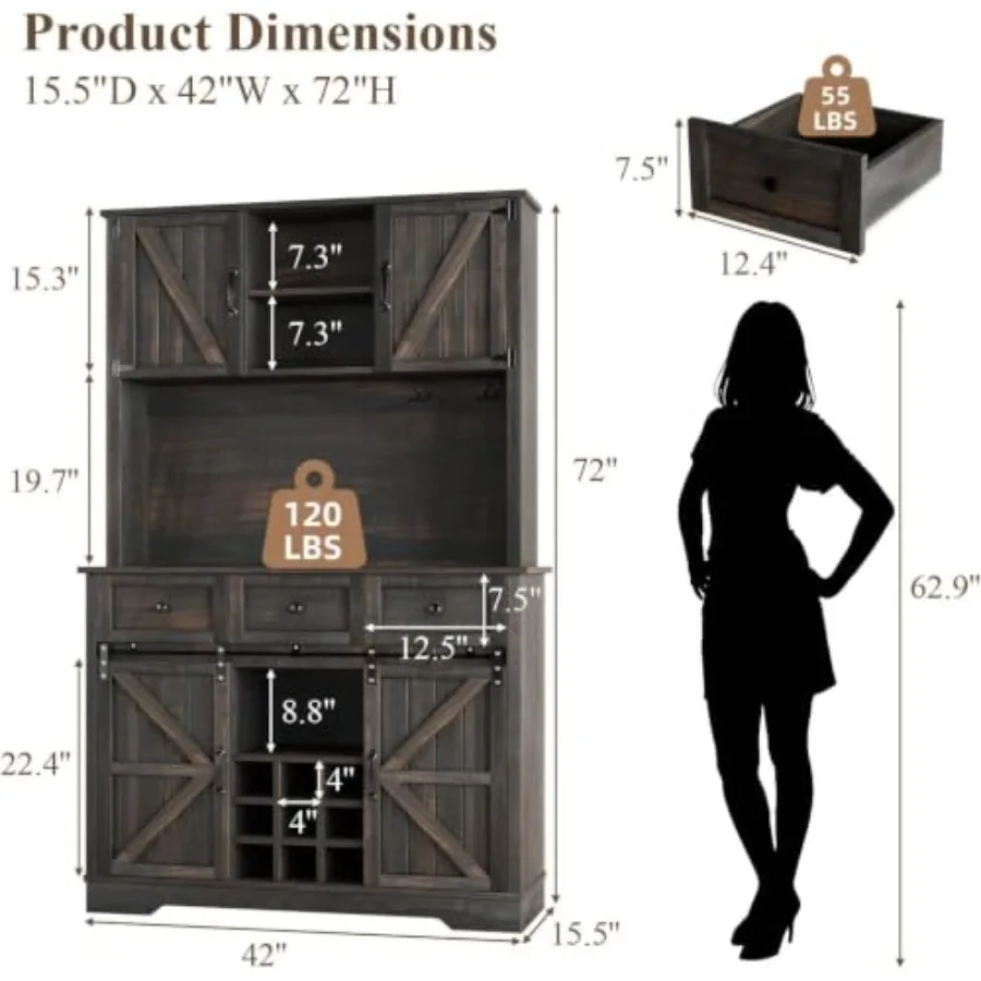 Farmhouse Coffee Bar Cabinet with Wine Rack, 72 