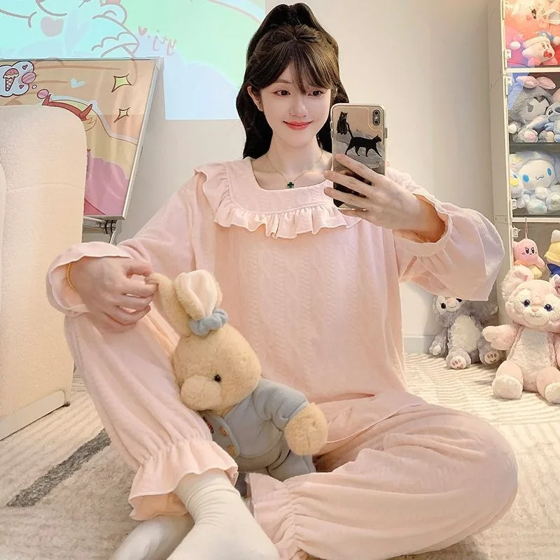 

M-5XL плюс размер, зимний флисовый пижамный комплект, женский стиль принцессы, плотная теплая одежда для сна, корейская домашняя одежда с рюшами и квадратным вырезом