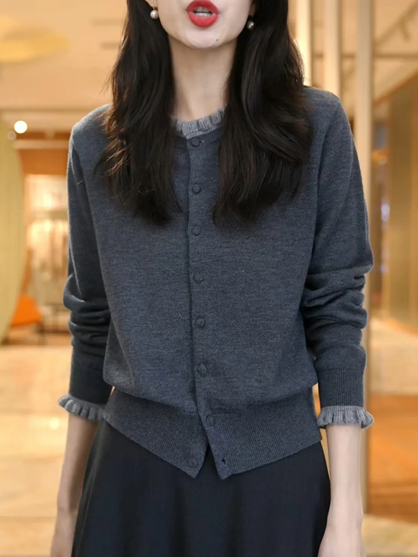 

Ele Long Sve Knitted irt Color Blo Design Wooden Sensation Women's Top Faionable Commute Korean Sle Loose...