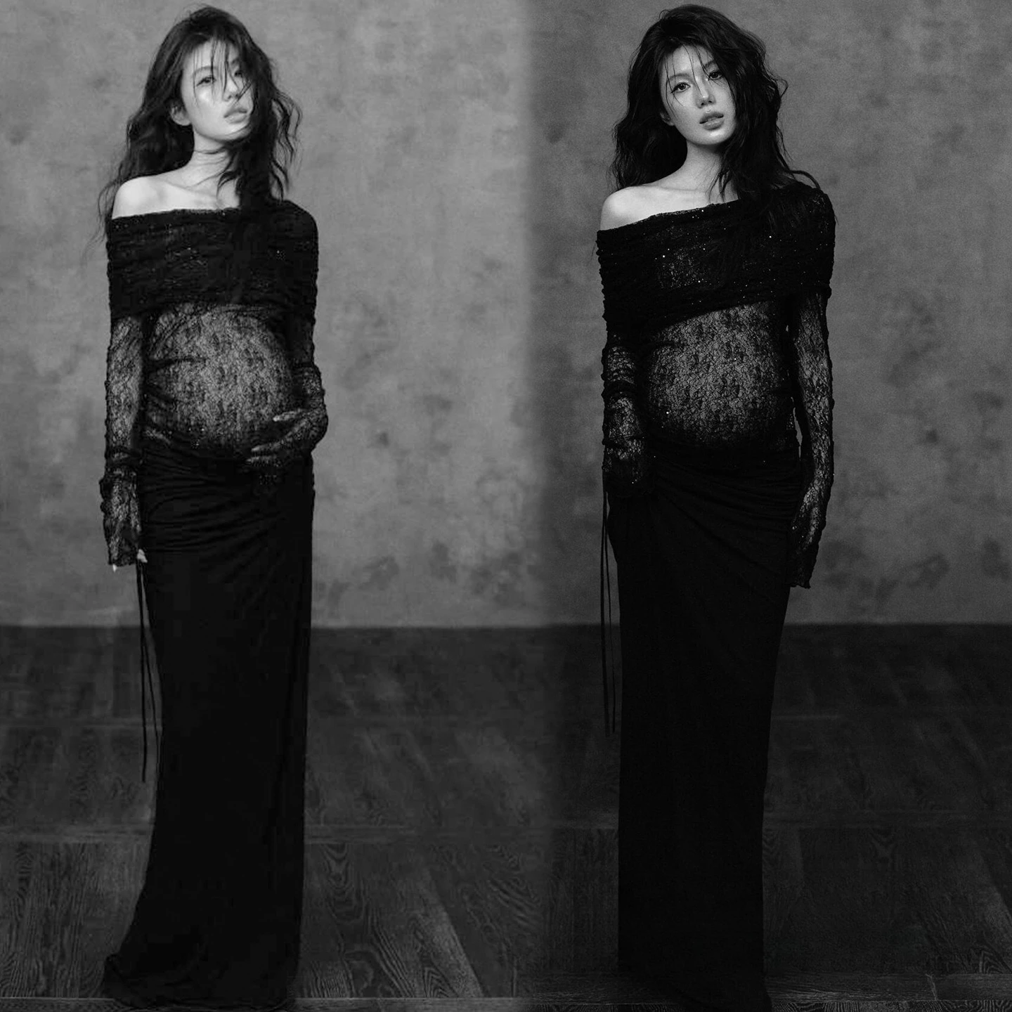 Women Maternity Dress for Photography Black Slim Lace Off-shoulder Perspective Pregancy Clothes for Studio Photo Shoot Clothing