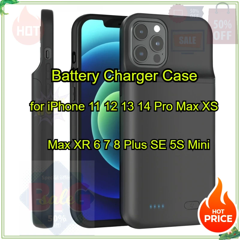 

6800mAh Battery Charger Case for iPhone 11 12 13 14 Pro Max XS Max XR 6 7 8 Plus SE 5S Mini Portable Power Bank Charging Cover