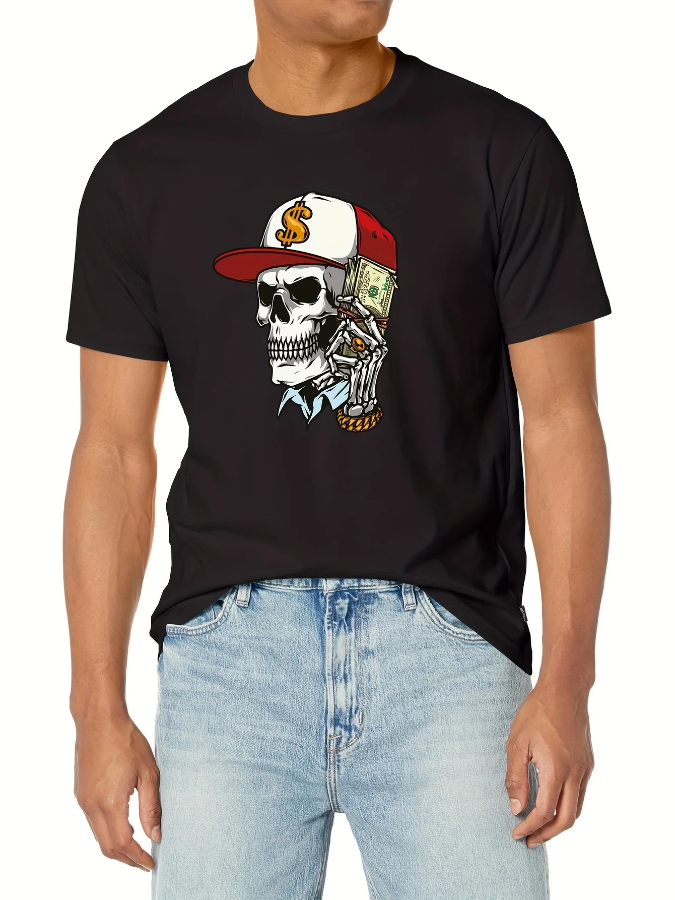 

Skull with a lot of money printed T-shirts, men's summer cotton casual short-sleeved T-shirts.
