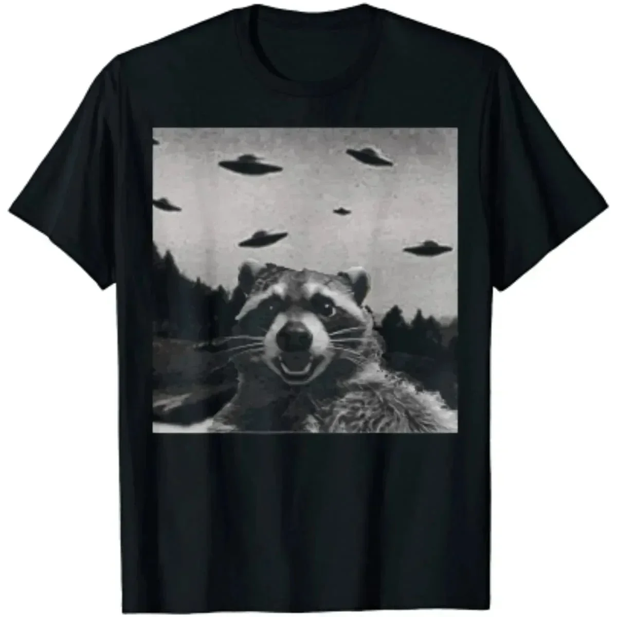 2024 100%Cotton T Shirt Alien UFO Funny Capybara Cat Dog Raccoon Black T-Shirt Cute Animal Print Graphic Tee Men Clothing