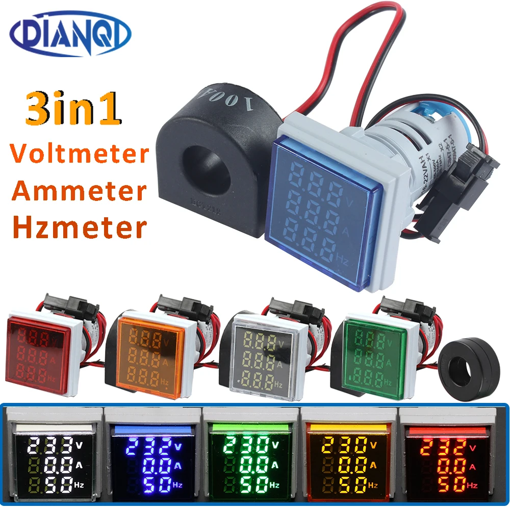 AC 60-500V 100A LED cyfrowy 3in1Voltmeter amperomierz Hertz HZ sygnał świetlny 220V miernik napięcia prądu Volt Amp Tester detektor 22mm — zdjęcie 2
