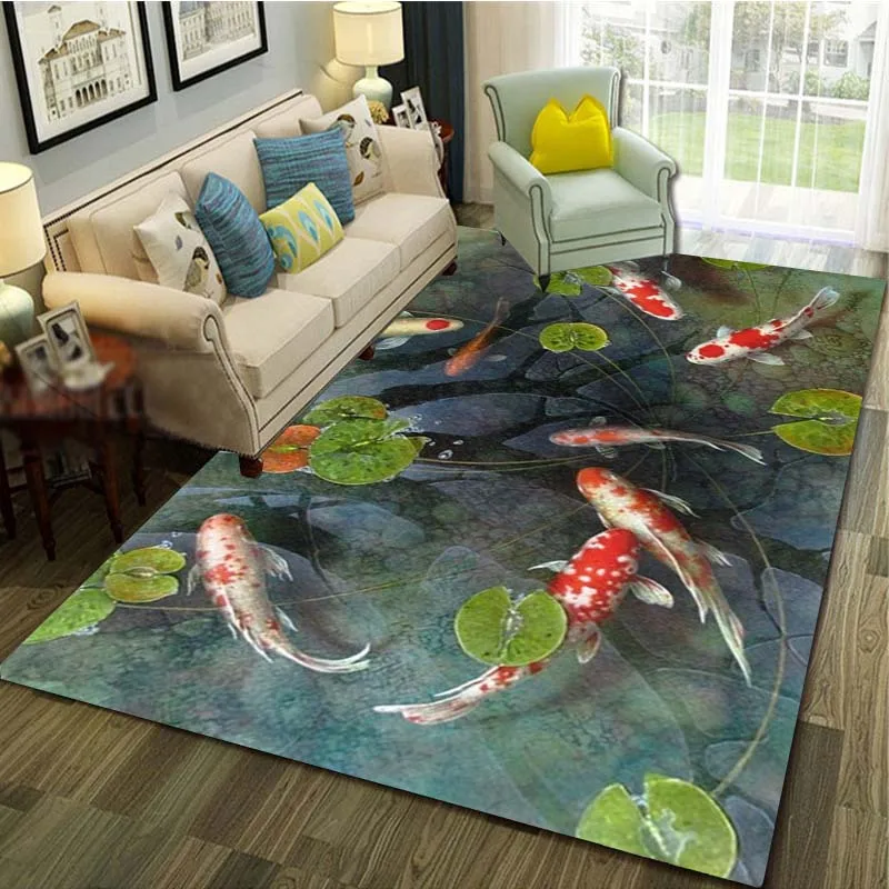2D Flat Koi Fish Swimming Lotus Pond Water Surface Flannel Area Rug Non Slip Zen Garden Carpet For Living Room Bedroom Floor