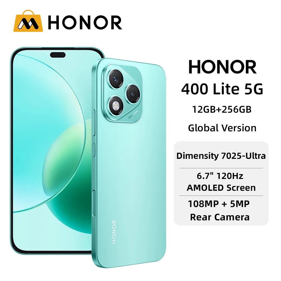 Глобальная версия Honor 400 Lite 5G NFC 108MP Основная камера 6,7 дюйма 120 Гц AMOLED-экран MTK Размер 7025-Ультра 5230 мАч 35 Вт SuperCharge