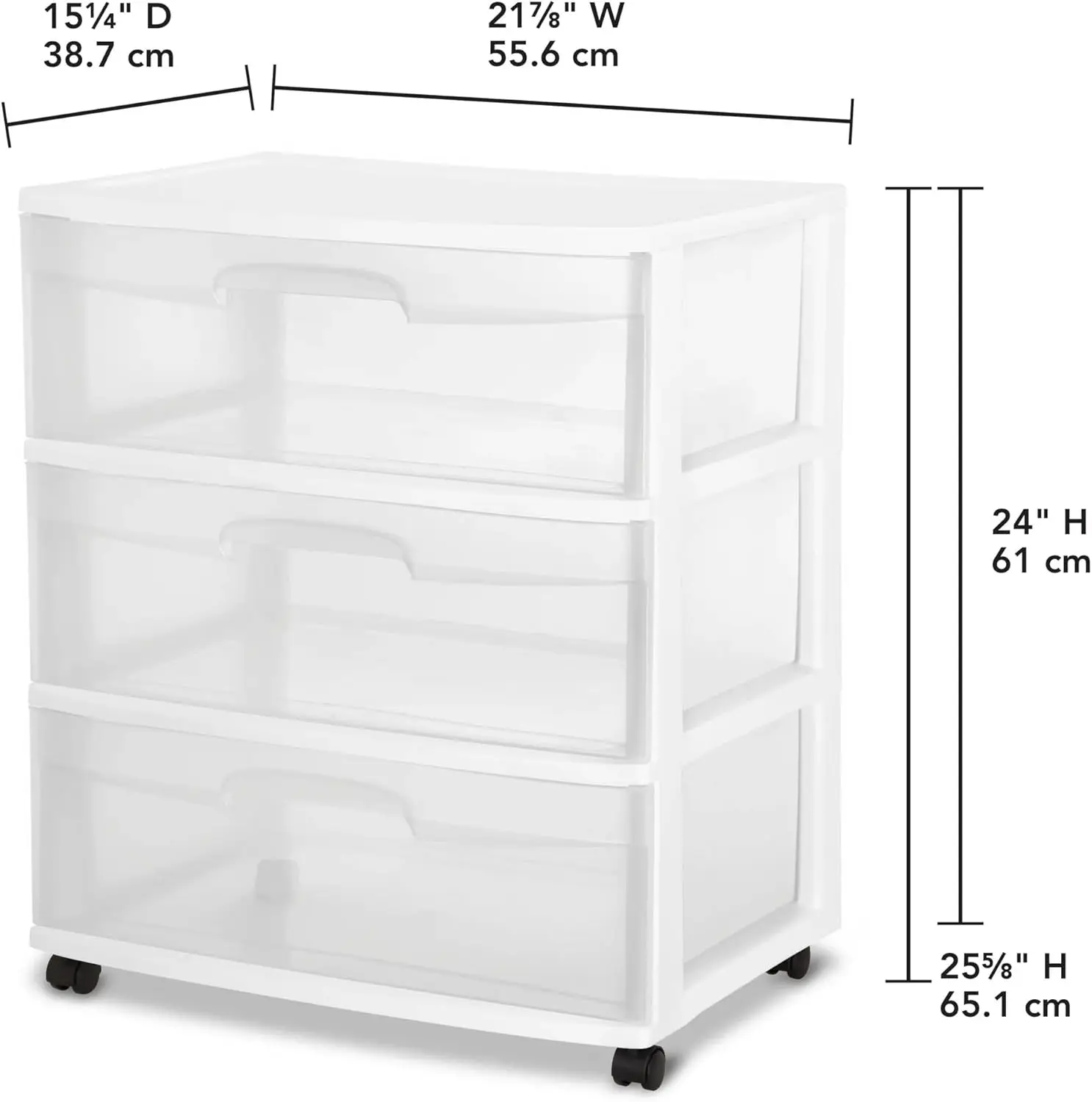 Plastic Storage Drawer Cart, Medium Home Organization Storage Container with 3 Large Clear Drawers With Wheels (White)