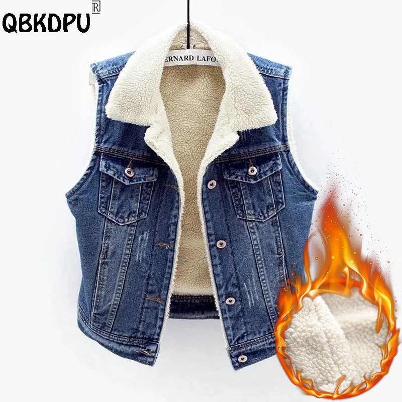 

Autumn Winter Jean Vest Women Street Trend Sleeveless Fleece Liner Short Denim Jackets Boyfriend Style Lapel Warm Plush Chalecos