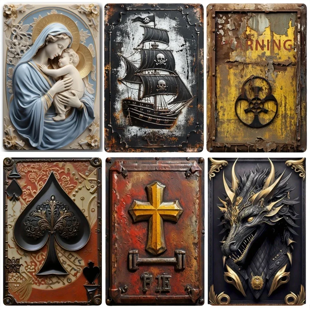 3D Relief Skull Dragon & Religious Vintage Metal Tin Signs Retro Wall Art Decor Plaques