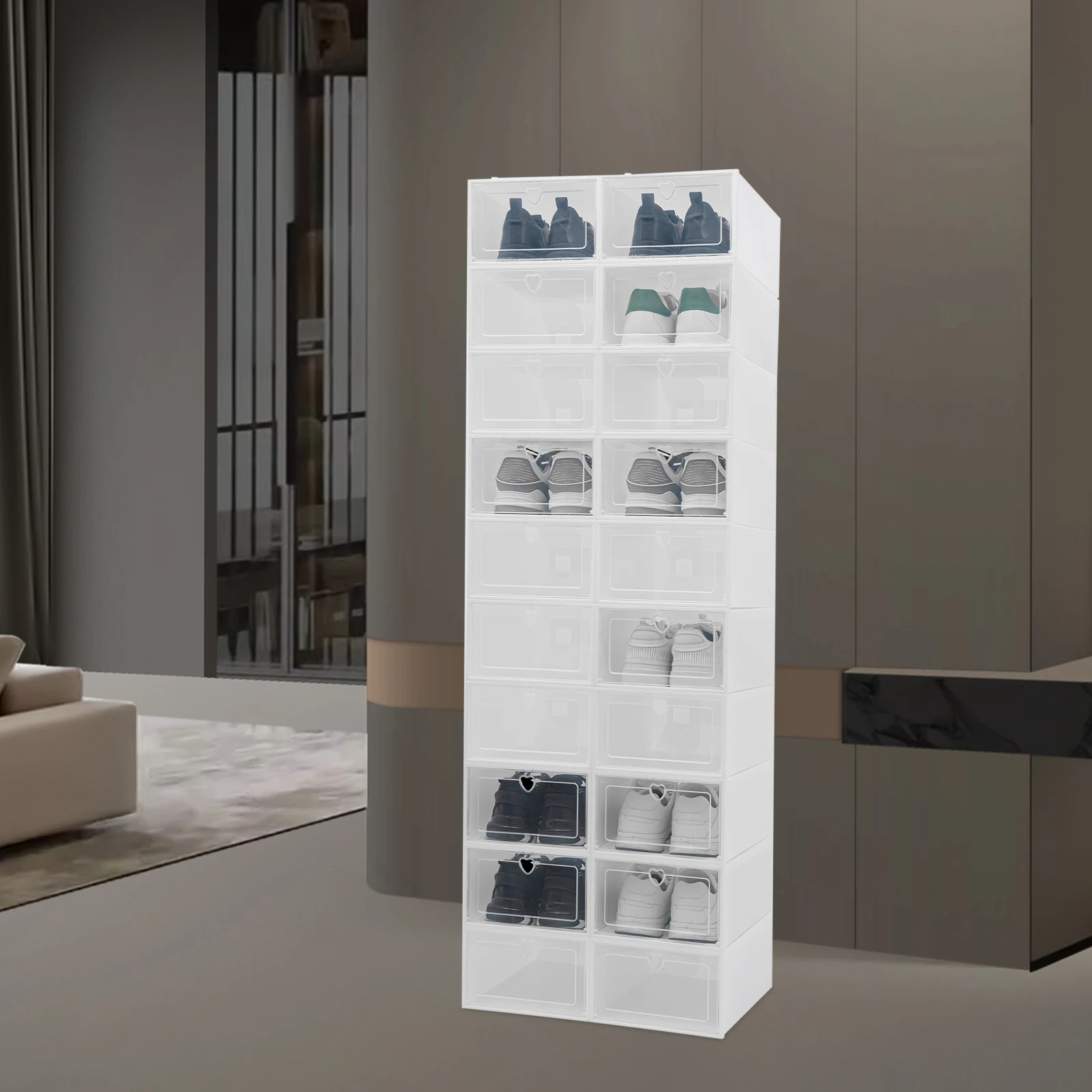 

20 Pack Large Flip-Top Shoe Storage Boxes Milky White Stackable Organizers with Heart-Shaped Handles for Shoes/Toys/Books